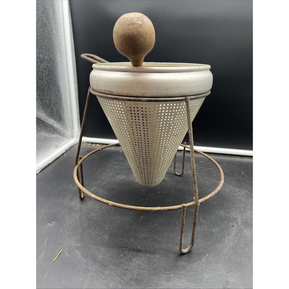 Vintage Aluminum Sieve Strainer 1970s w/ Stand and Wood Masher - Wood Canning - Picture 7 of 10